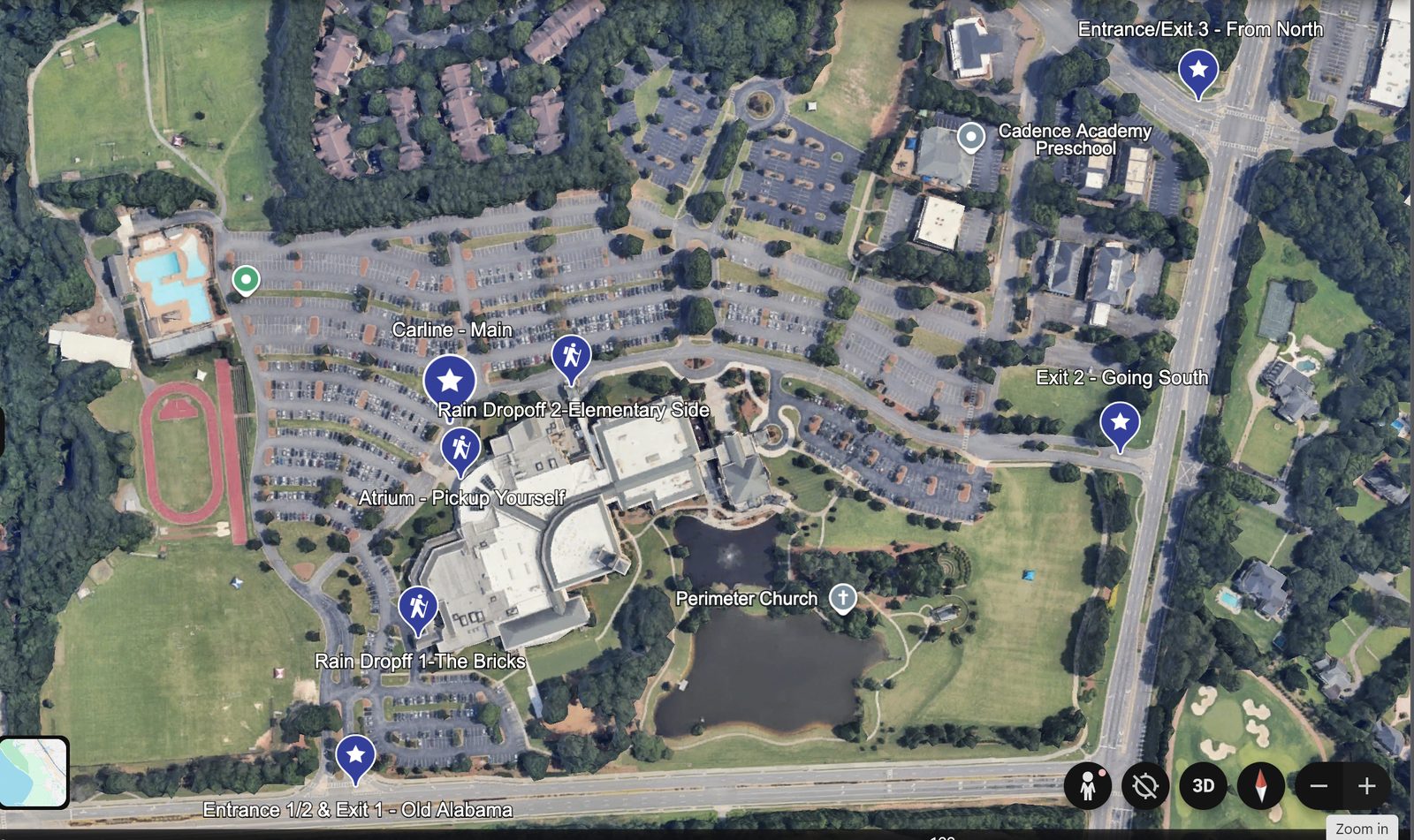 Aerial map of Perimeter School campus showing Entrance 1/2 and Exit 1 on Old Alabama Road at the south, Exit 2 going south, and Entrance/Exit 3 from the north near Medlock Crossing.