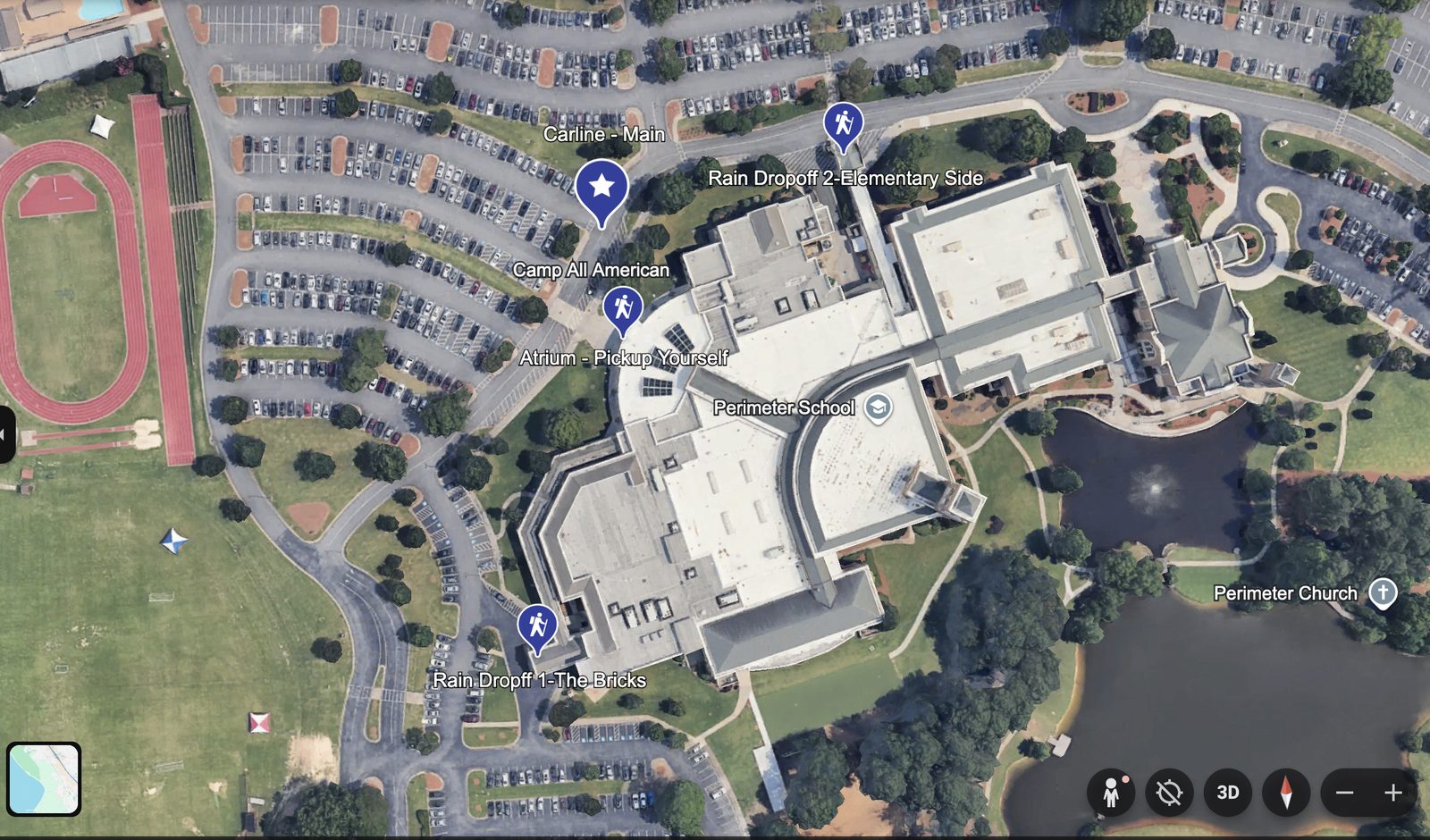 Close aerial map of the Perimeter School building showing Carline Main, the Atrium pickup point, Rain Dropoff 1 at The Bricks, and Rain Dropoff 2 on the Elementary Side.